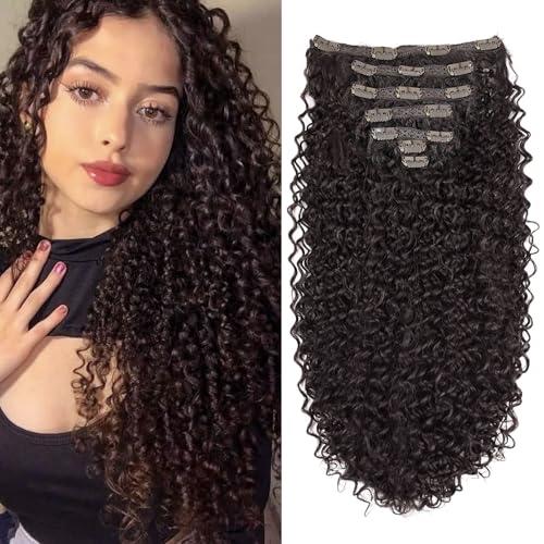 Curly Clip in Hair-Extensions Clips in-Human Hair Feelings Brown Jerry Curly Hair Extensions for Black Women Jerry Hair Extensions Curly Clip in Hair Extensions(#4 Medium Blown)