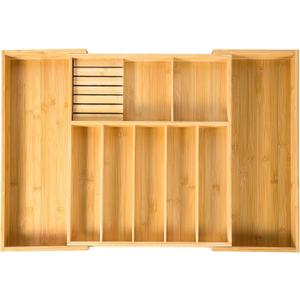 VaeFae Extra Large Kitchen Utensil Holder, Bamboo Silverware Drawer Organizer, Expandable Cutlery Organizer with Knife Block, Multifunctional Wooden Drawer Divider