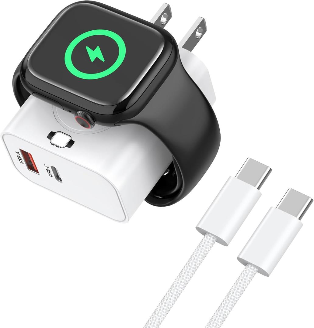 for Apple Watch Charger with 20W Fast Charging Block, Wireless Magnetic Portable iWatch Charger, 3-in-1 20W Dual Port USB C Charging Block Compatible for iWatch Ultra/10/9/8/7, iPhone 17 16 15 Pro Max