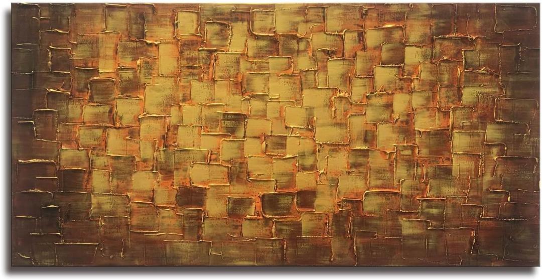 MyArton Textured Abstract Squares Canvas Wall Art Hand Painted Modern Golden Yellow Oil Painting for Decoration Ready to Hang 48x24inch
