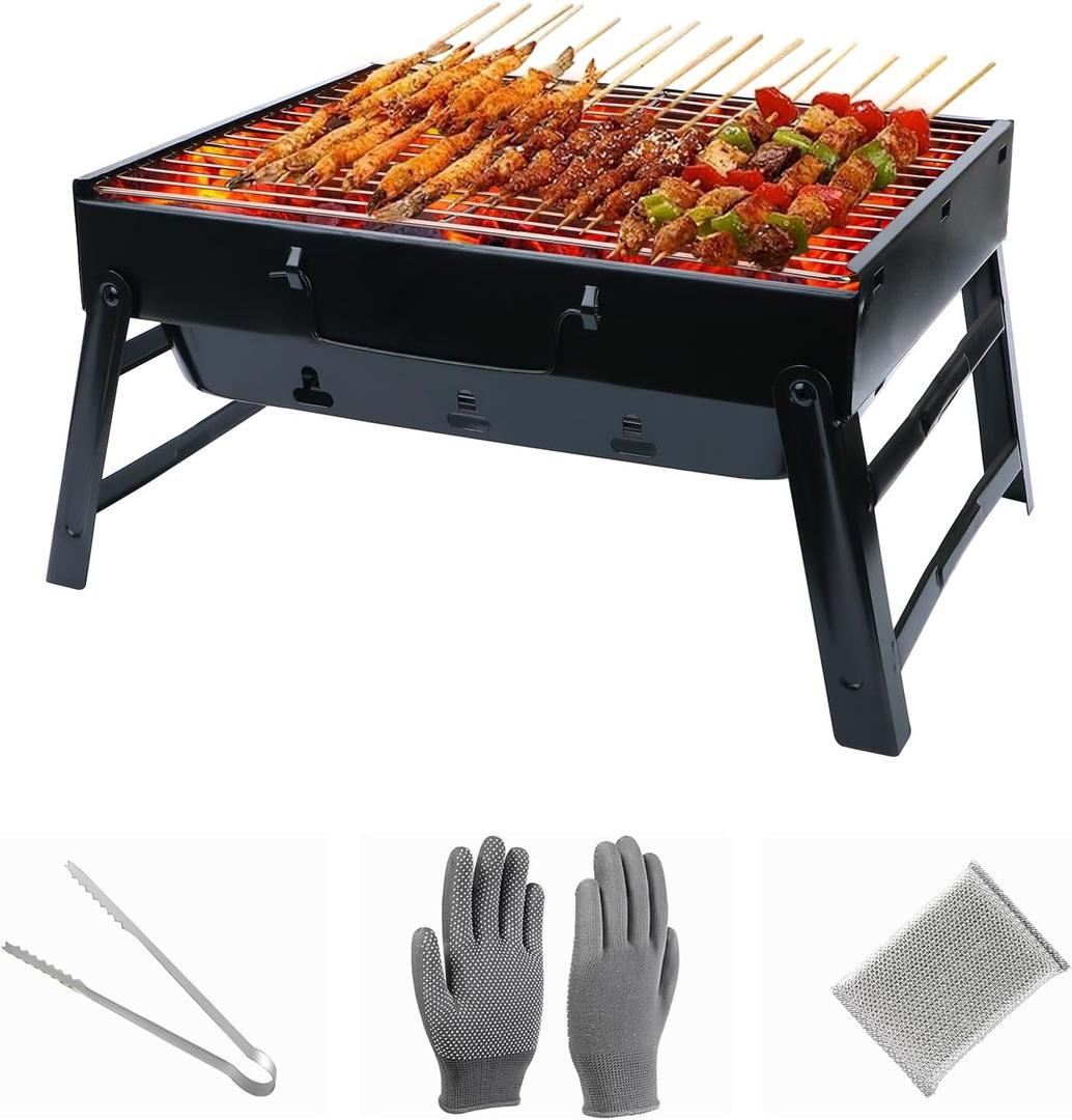 Portable Charcoal Grill for Camping Tailgating Beach Boating Foldable Small Barbeque Grill for Outdoors Lightweight Tabletop BBQ Grill Set with Tongs Gloves Scrubber (14''x10'')