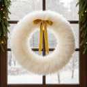 Suncalla Christmas Wreath for Front Door White Faux Fur Wreath with Bow 14 Inch Furry Decor for Outdoor Indoor Christmas Door Window Hanger Xmas Holiday Party Supplies
