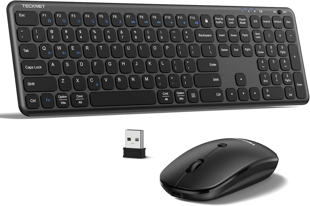 TECKNET Wireless Bluetooth Keyboard and Mouse Combo(2.4G USB + Dual BT), Rechargeable Keyboard Mouse Set, Full Size Quiet Slim Keyboards and Mice for Laptop, PC, iPad, Desktop, Black