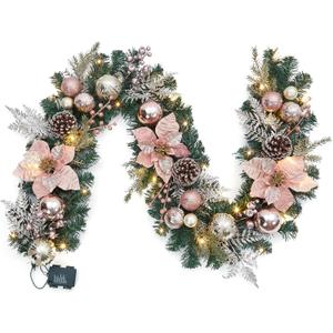 Christmas Garland with Lights, 6ft Prelit Outdoor Christmas Garland with Timer 20 LED Lights Pinecones Rose Gold Ball Ornaments for Mantle Fireplace Stairs Railing Indoor Decorations, Battery Operated