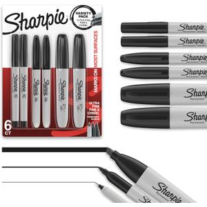 Sharpie Permanent Markers Variety Pack, Includes Chisel, Fine, and Ultra-Fine Tips, Marker Set, Writing, Coloring, Poster, Office, School Supplies, Black, 6 Count