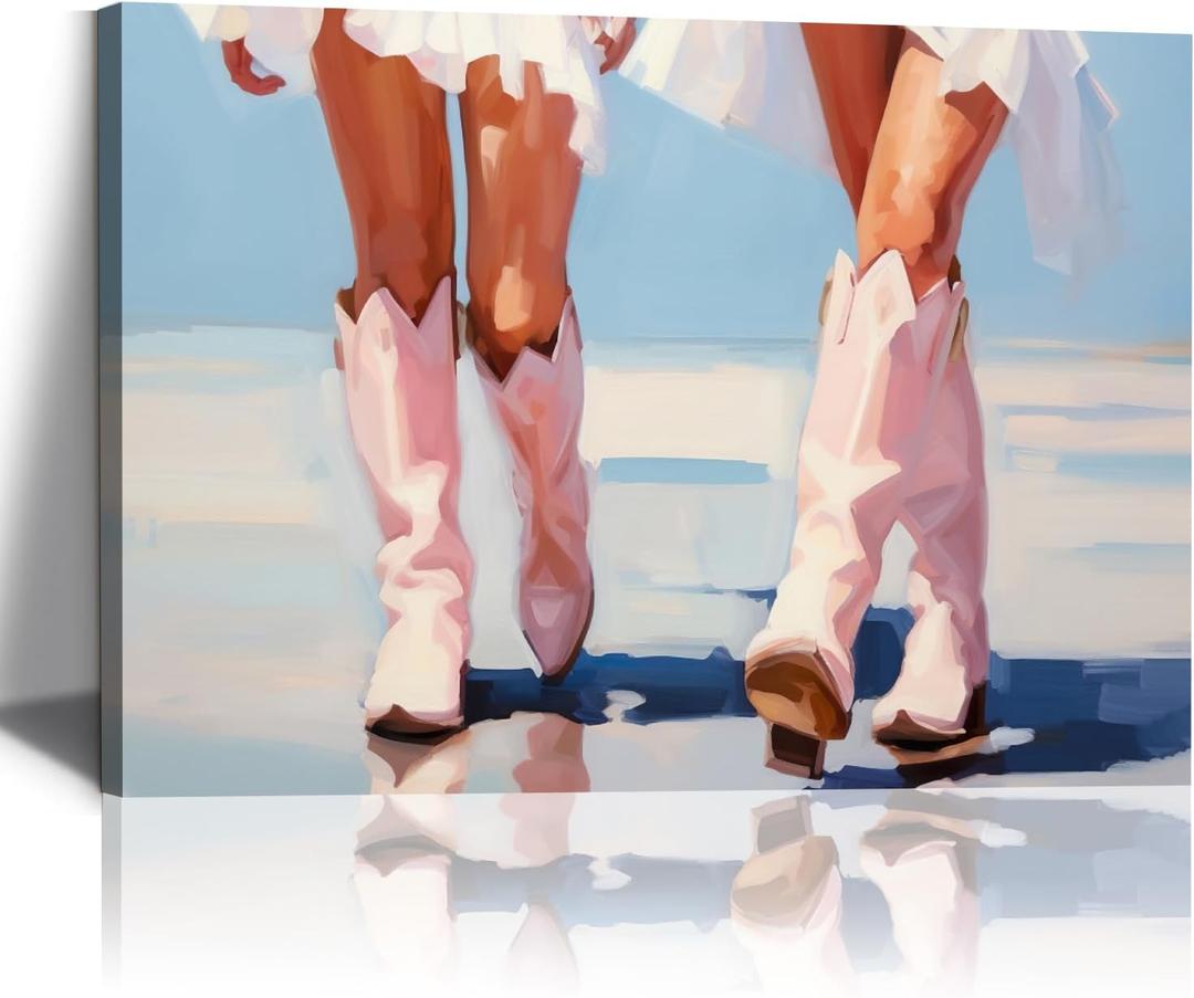 Cowgirl Boots Wall Art Pink Cowboy Boots Canvas Wall Art Western Aesthetic Canvas Prints Poster Trendy Preppy Girls Aesthetic Room Decor Picture for Apartment Bedroom Dorm 24x16in Framed