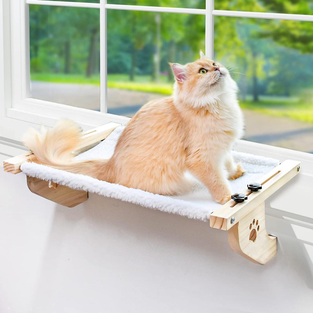 AMOSIJOY Cat Sill Window Perch Sturdy Cat Hammock Window Seat with Wood & Metal Frame for Large Cats, Easy to Adjust Cat Bed for Windowsill, Bedside, Drawer and Cabinet (21.7''L x 15''W, White)