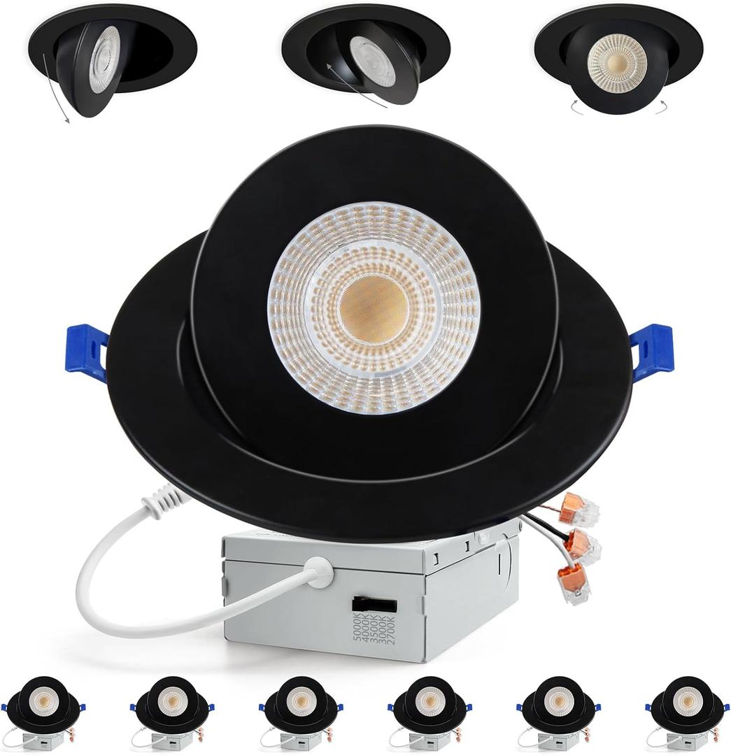Adetu Recessed Lighting 6 inch, 360+90 Adjustable Directional 6 inch 5CCT Gimbal Black Led Recessed Lighting, 2700K-5000K Dimmable Retrofit Eyeball Can Recessed Lights with Jbox, ETBlack-6 Pack
