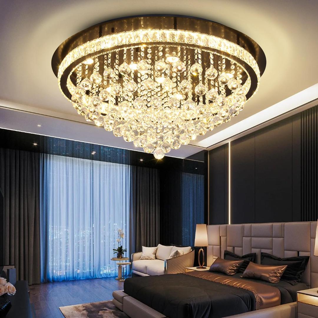 Shial Lighting Dia 32" Modern Crystal Chandeliers for Dining Room,Black Raindrop Chandelier Flush Mount Chandeliers for Living Room Bedrooms Dining Room Dimmable 2700k 4500k 6000k