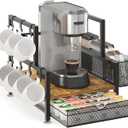 EsLuker.ly Coffee Bar Station Organizer with K Cup Drawer, Pod Holder Storage Rack with 7 Mug Hooks for Countertop, Wooden Coffee Machine Maker Stand for Home Office, SpaceSaving for Coffee Lovers