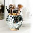 FlidRunest Disco Makeup Brush Organizer Mirror Ball Cosmetic Brush Cup, Reflects Light Unique Storage Holder for Counter, Dresser, Bedroom