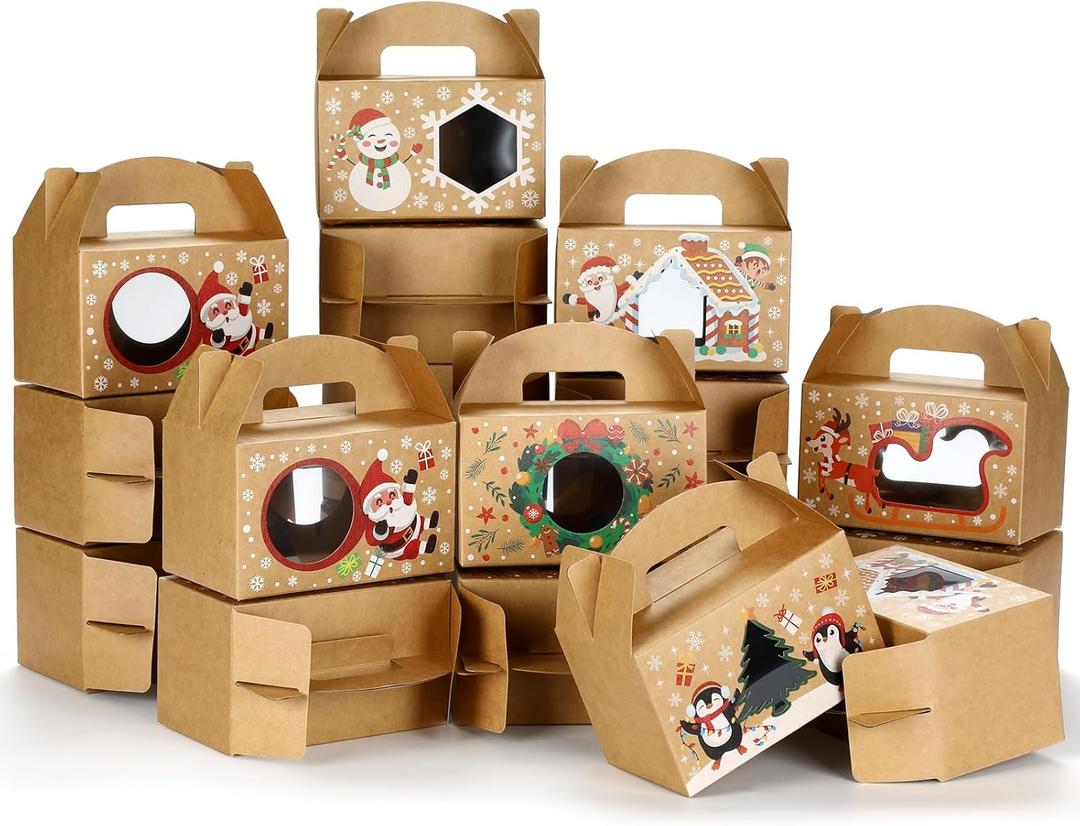 Fulmoon 24 Pcs Christmas Treat Boxes with Window 6 Styles Christmas Cookie Gift Gable Boxes with Handle 6 x 3.5 x 3.5 Inches Xmas for Holiday Birthday Gift Giving Party Favors, Brown