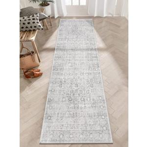 LIVEBOX Washable Runner Rug 2.5x8 - Long Grey Kitchen Rug, Low-Pile Floral Oriental Anti-Skid Carpet Runners for Hallway Bedroom Entryway, Silverygray (Silvergray)