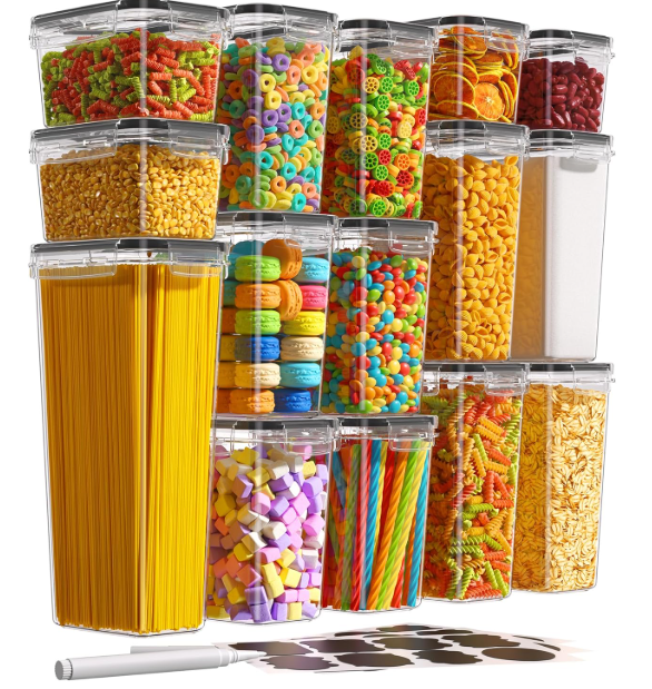 15 Pack Airtight Food Storage Containers with Lids, Kitchen Pantry Organizers and Storage, BPA-Free Plastic Food Canisters for Cereal, Flour, Sugar, Pasta, Dry Food, Include Labels & Marker
