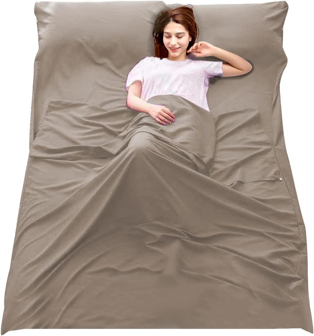 Sleeping Bag Liner Camping Travel Home Bed Sheet Lightweight Breathable Hotel Compact Sacks (Khaki, 70.8 * 82.7in)