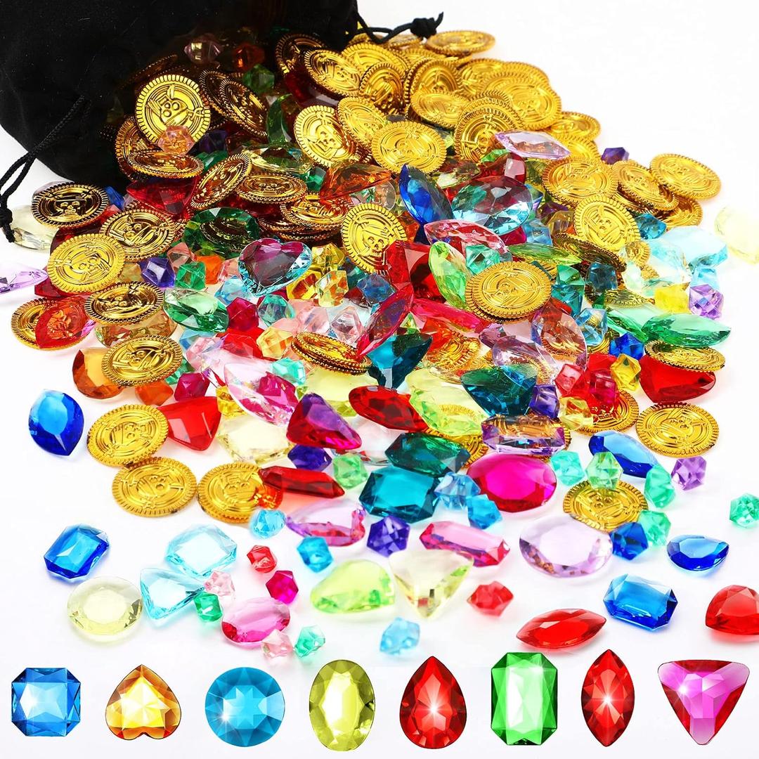 Gejoy 430 Pieces Halloween Pirate Party Favors Pirate Treasure Jewels and Gold Fake Coins Play Set with Drawstring Bag for Halloween Adventure Themed Party Decorations