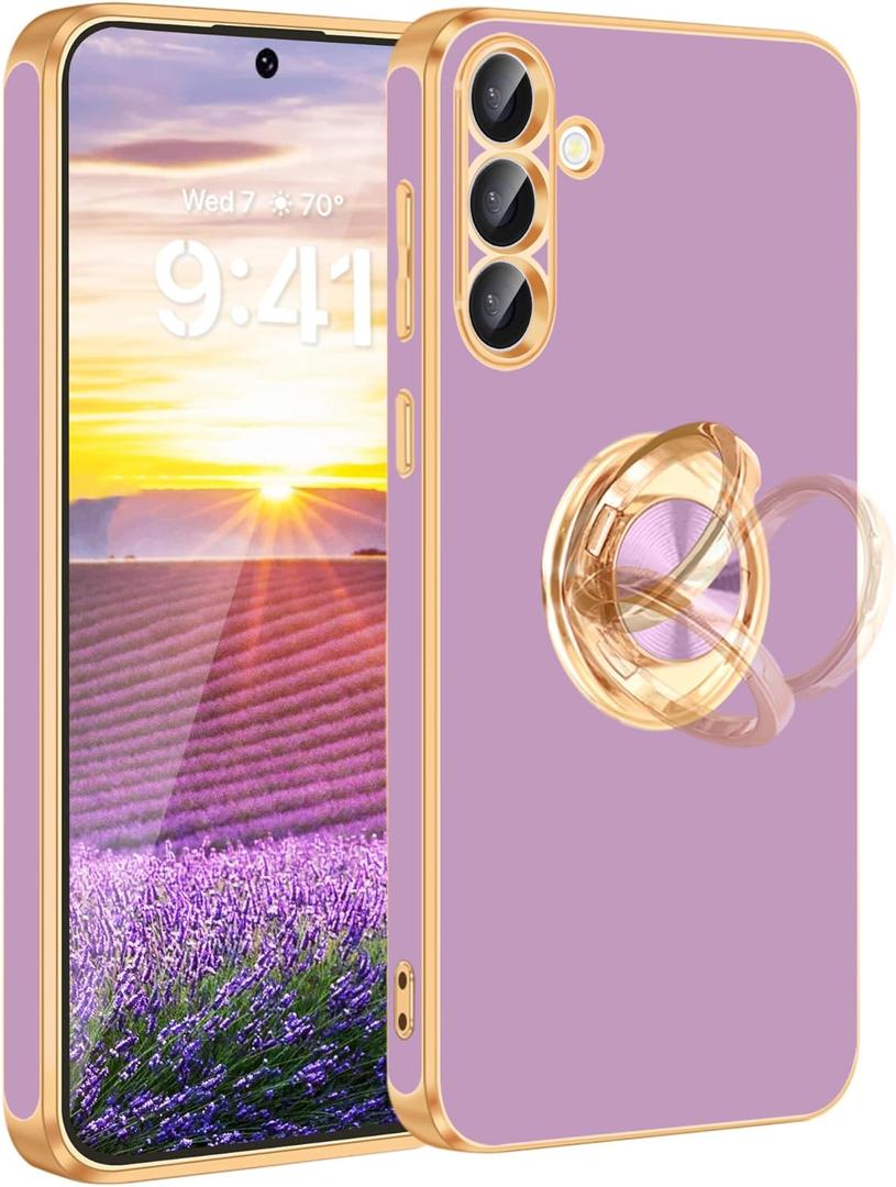 Fingic for Galaxy S25 Case[with 360 Rotatable Ring Holder][Support Magnetic Car Mount] Shiny Plating Gold Slim Thin Soft TPU Rugged Bumper Anti-Scratch Case for Galaxy S25 for Girls,Lavender Purple