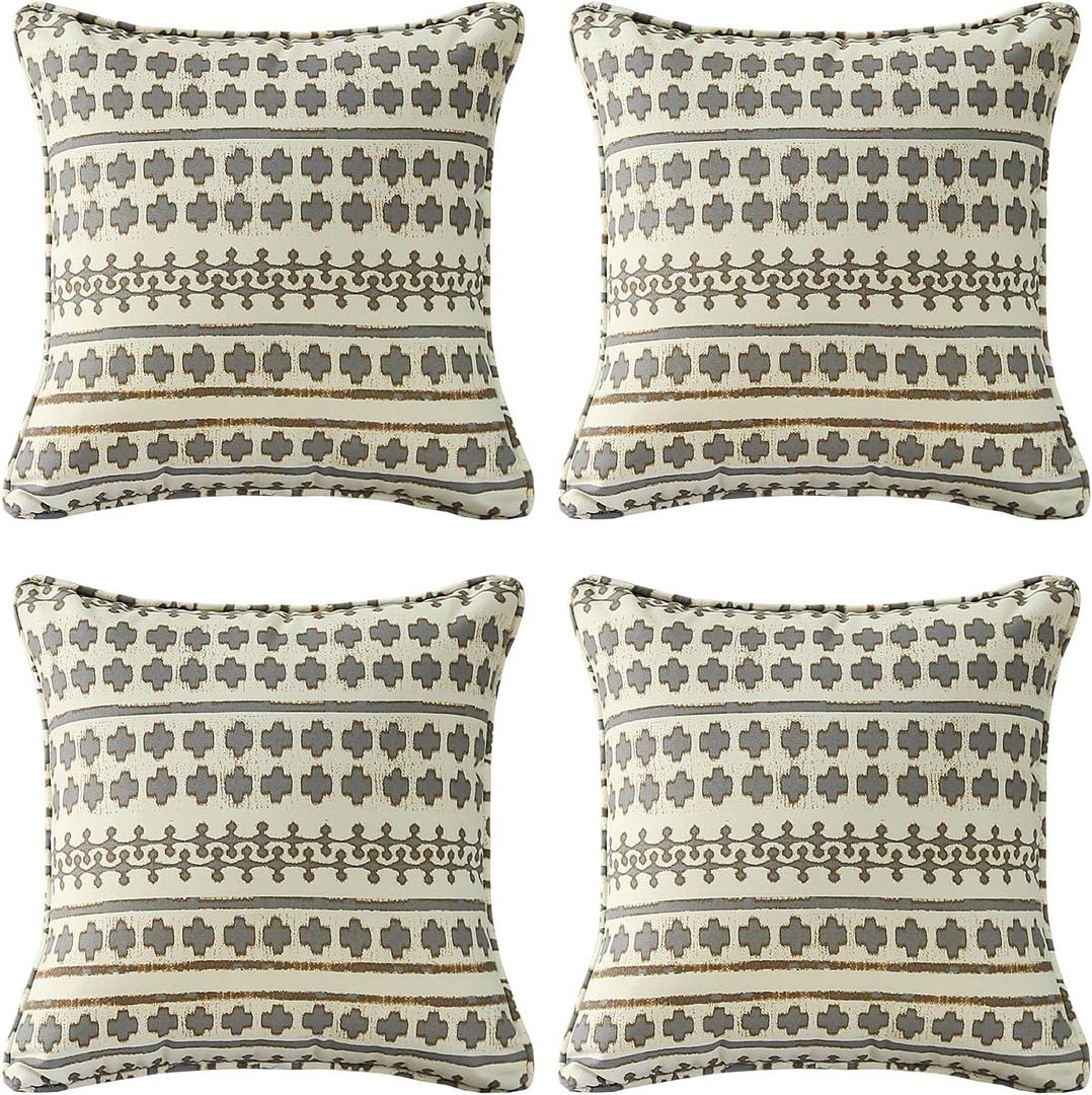 4 Pack Outdoor Water Repellent Throw Pillows 18x18 Inch with Insert, Decorative Square Patio Pillows for Home Garden Couch Balcony, Grid Weave
