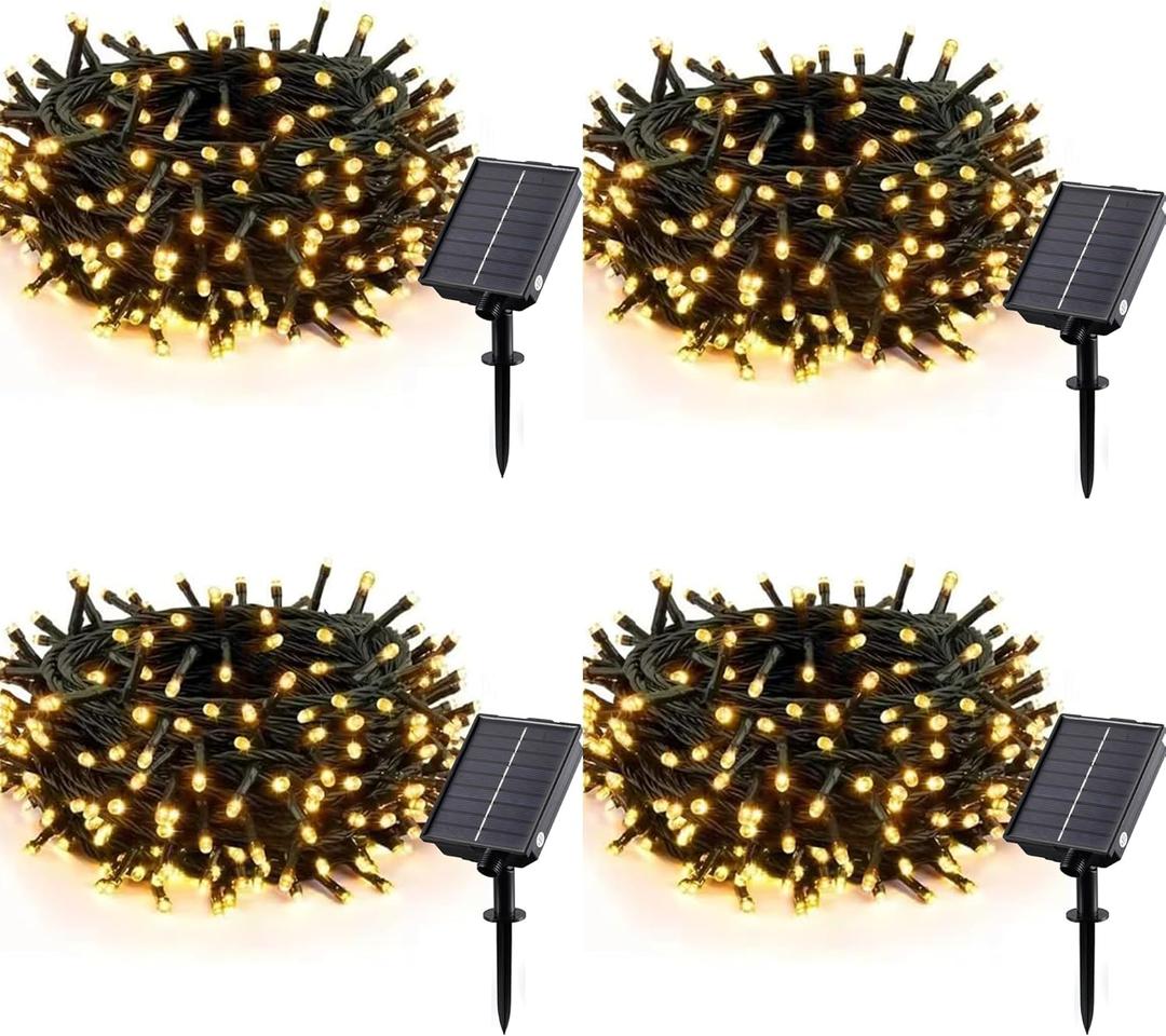 Solar Christmas String Lights Outdoor, 33ft 100 LED Solar Fairy Light 8 Modes Waterproof Xmas Lights for Garden, Patio, Home, Party, Wedding, Holiday, Tree, Outdoor (Warm White, 4 Pack)