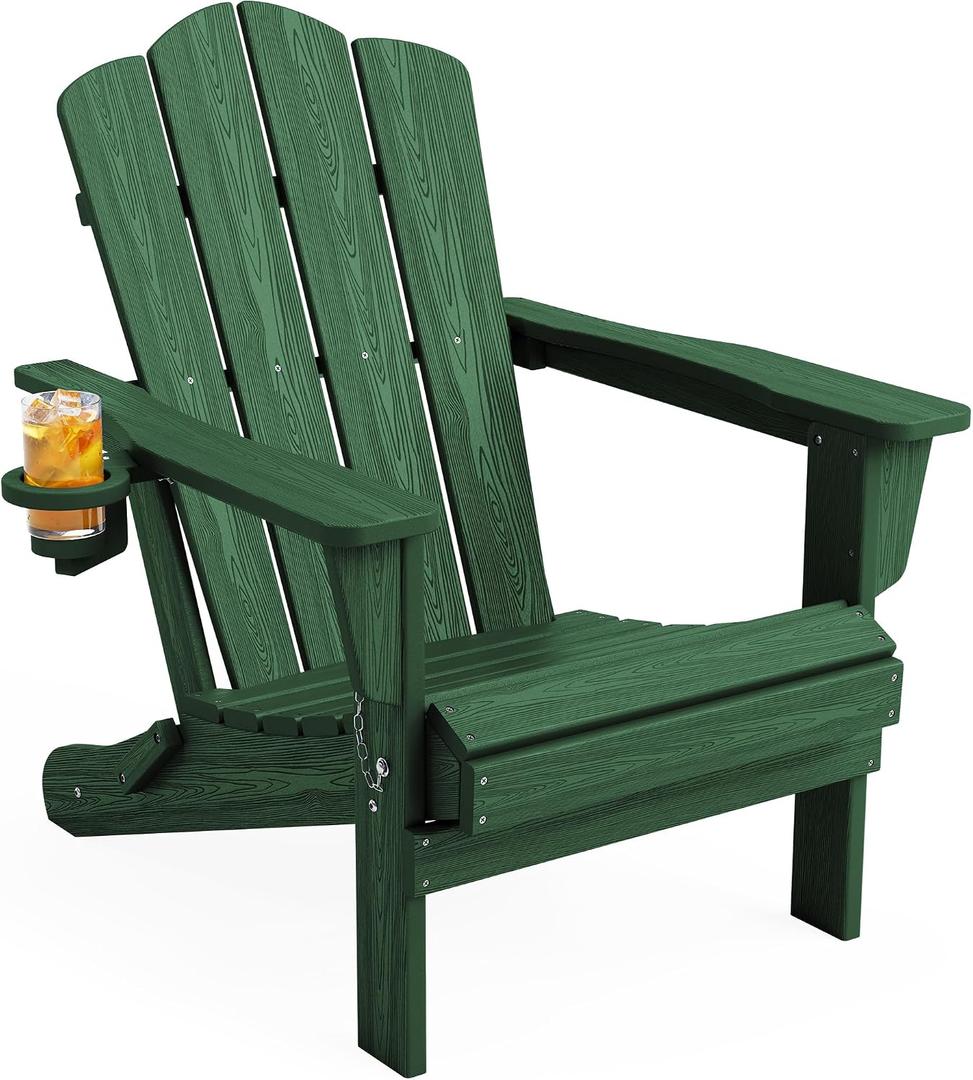 Folding Adirondack Chair with Cup Holder, Green
HDPE All-Weather Patio Chairs, Wooden Textured Lawn Chair for Poolside, Backyard, Deck, Fire Pit