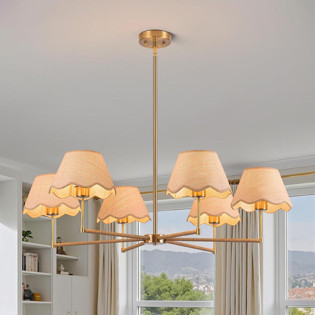 39" Boho Rattan Chandelier, 6-Lights Rustic Industrial Pendant Light Fixtures with White Woven Shade, Adjustable Height Farmhouse Large Pendant Lighting for Kitchen Dining Living Room, E26