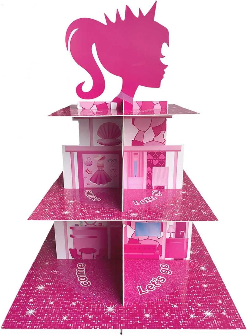 Zliisang Pink Princess Cupcake Stand 3-Tiered Pink Dessert Table Displays Centerpieces for Girls Birthday Party Decorations Princess Baby Shower Table Decorations