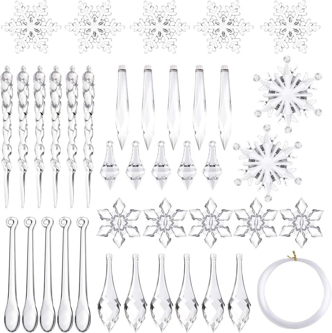 FEPITO 85 PCS Christmas Decoration Acrylic Snowflake Icicles Christmas Tree Icicle Snowflake with Crystal Line Ornaments Set for Christmas Party Decorations