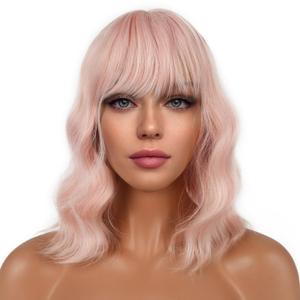 Short Bob Wigs with Bangs for Women Loose Wavy Wig Curly Wavy Shoulder Length Bob Synthetic Cosplay Wig for Girl Colorful Costume Wigs (Peach Fuzz)