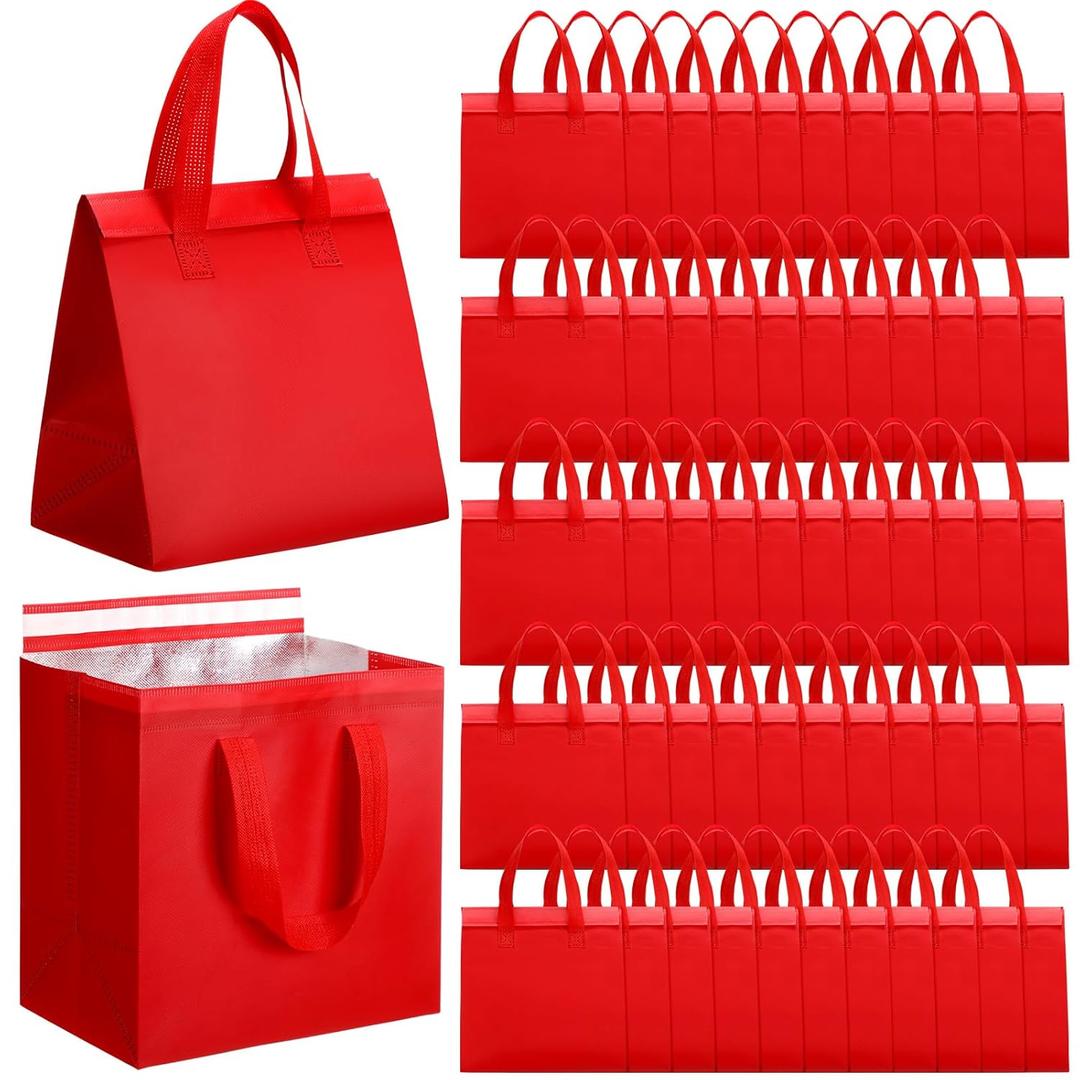 FoldTier 50 Pcs Insulated Take Away Bags Bulk Thermal Insulation Food Bags for Coffee Milk Tea Hot Cold Fresh Food Seafood for Catering Restaurant Grocery (9.45x9.45x5.91inch,Red)