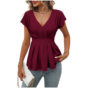 SweatyRocks Women's Summer V Neck Fold Pleated Ruffle Hem Blouse Peplum Top, Size XL