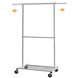Simple Trending Standard Clothing Garment Rack, Rolling Clothes Organizer with Wheels and Bottom Shelves, Extendable, Chrome