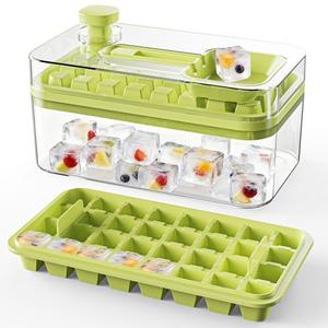 EuChoiz Ice Cube Tray with Lid Press Easy Release, Scoop and Bin Ice Trays for Freezer, Making 64 pcs Ice Cubes for Chilling Cocktail Whiskey Coffee Include 2 Trays and Storage Container, BPA Free