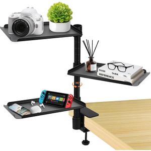 3 Tier Clamp On Desk Shelf,360 Rotatable Adjustable Above or Under Desktop Organizer,Carbon Steel Storage Tray for Home Office and Gaming AccessoriesBlack, Standard