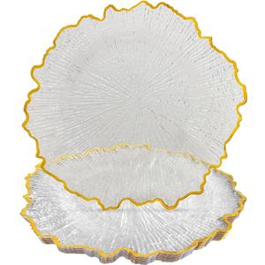 CN JIAHE 13inch Clear Acrylic Reef Gold Rim Charger Plates Set of 8, for Dinner, Wedding, Party, Event Decoration