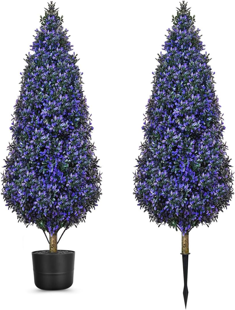 Outdoor Artificial Lavender Topiaries Trees with Planters, 3 FT Tall Set 2 Fake Plants Boxwood with Spikes, UV Resistant Faux Evergreen for Indoor Home Porch Office Spring Decor