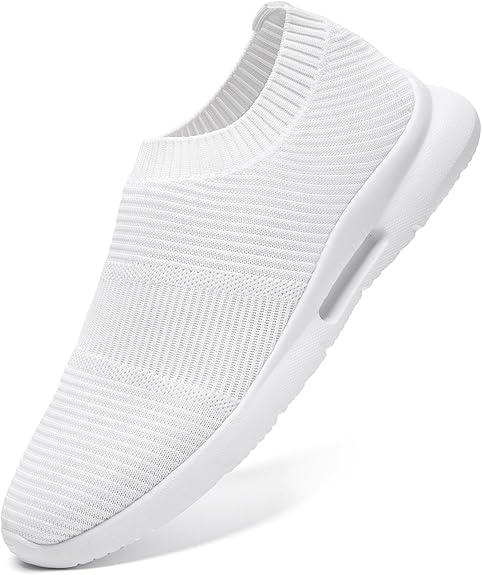 Mens Running Shoes Women Slip On Tennis Walking Sneakers Athletic Breathable Non Slip Gym Casual Lightweight Workout Sport Unisex Shoe White