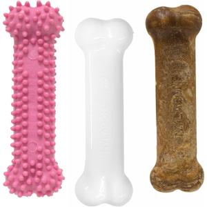 Nylabone Puppy Chew Toys & Natural Treat Triple Pack, Teething Enrichment Toys, Chicken & Bacon Flavor, Small Dogs - Up to 25 lbs (3 Pack) (Pink)