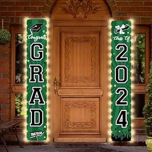 2024 Graduation Banners Class of 2024 Congrats Grad Porch Sign Party Banners Supplies with Led-Light Strips Welcome Hanging Door Decorations for Indoor Outdoor(Green and Black)