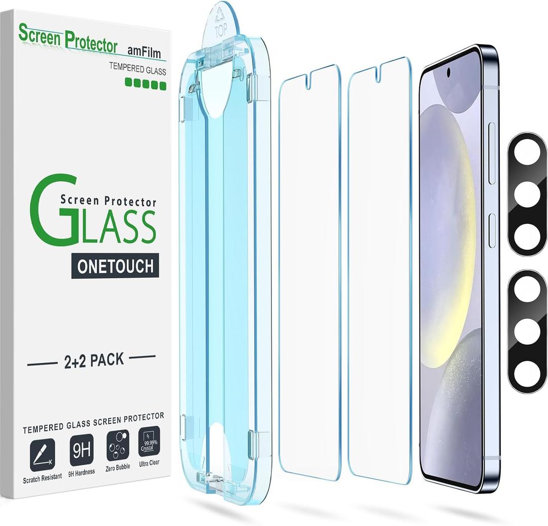 amFilm Auto-Alignment OneTouch for Samsung Galaxy S24+ Plus 6.7" Screen Protector + Camera Lens Protector, Tempered Glass, 30 seconds Installation, Bubble Free, Case Friendly, Anti-Scratch [2+2 Pack]