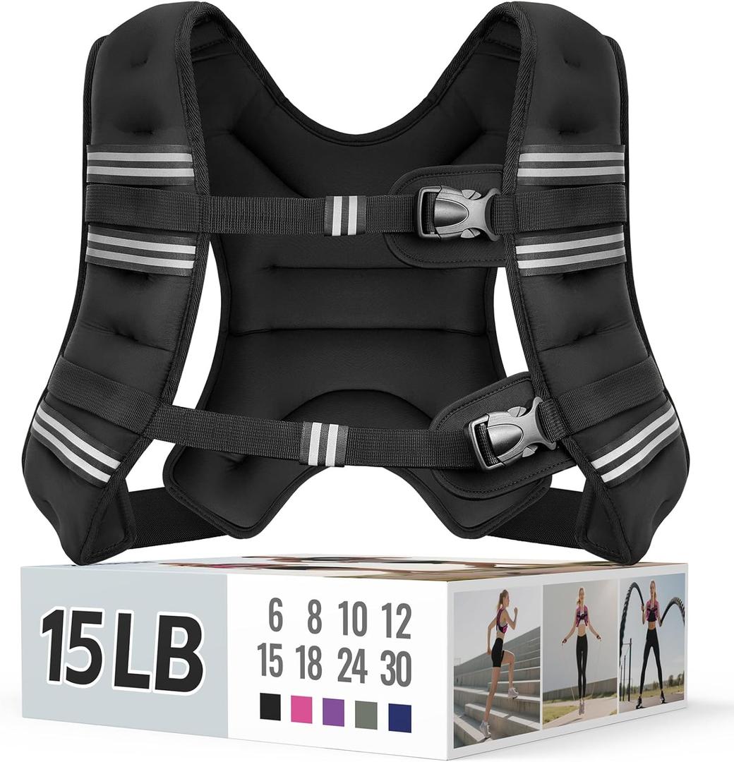 Weighted Vest for Women & Men with Reflective Stripe and Adjustable Buckle, Comfortable & Durable Rucking Vest for Walking, Running & Strength Training (15 lb, Black)