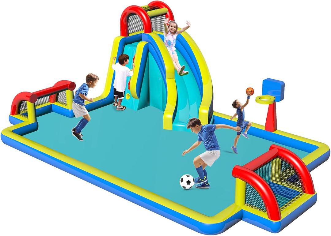Inflatable Bounce House,Water Bounce House with Slide Double Soccer Goal,Big Splash Pool,Basketball Hoop,Climb Wall,Outdoor Bouncer with Air Blower for Kids 3-10, Long Slide with Football Net