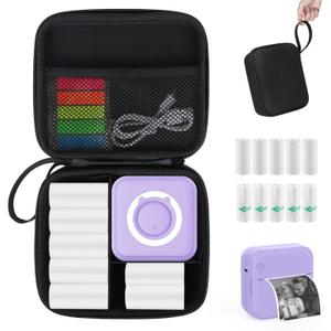 Purple Mini Pocket Printer with Black Case, Thermal Printer with 10 Rolls Thermal Paper, Mini Portable Photo Printers for Travelling, Journal, Memo, Photo, Study Notes, Shopping Lists