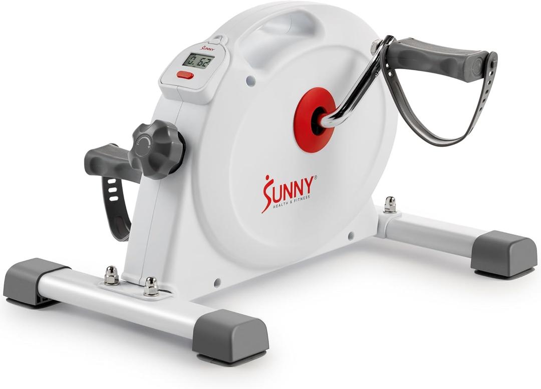 Sunny Health & Fitness Smart Mini Pedal Exerciser, Under Desk Bike/Elliptical for Home Workout & Cycle Cardio Training, Free SunnyFit App Link, Optional in Color, Mat/Workout Bands or Steel Stabilizer (White)