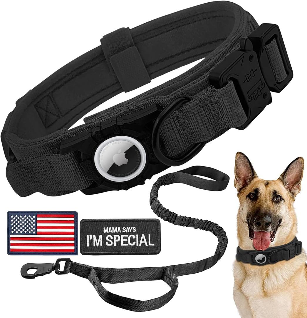 Tactical AirTag Dog Collar Leash Set - Heavy Duty, Adjustable GPS Collar Compatible with Apple AirTag, with Holder & Control Handle for Medium/Large Dogs [ Black, L ] (L(16.5"-20.5"))