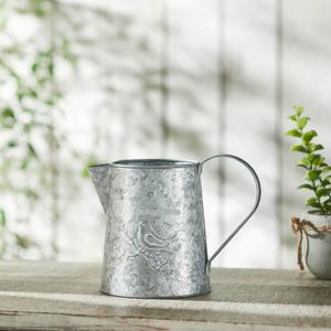 VHC Brands Spring in Bloom Galvanized Metal Vintage Garden Bird Decorative Pitcher 6.75x8.75, Spring Decor, Home Container Decorations, Spring and Easter Decoration