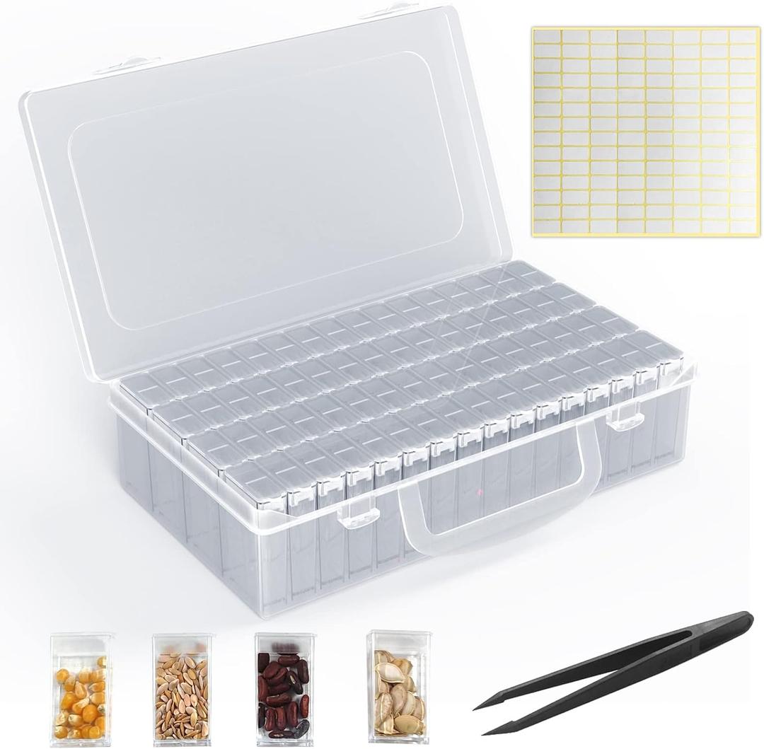 64 Solts Seed Storage Box with 112Pcs Label Sticker and a Tweezers,Diamond Painting Organizer,Portable Bead Storage,Seed Organizer Use for Flower Seeds,Vegetable Seeds.