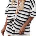 Saodimallsu Womens Striped Pajama Sets Short Sleeve Color Block Crochet Knit Button Top and Shorts 2 Piece Summer Sets (XL)