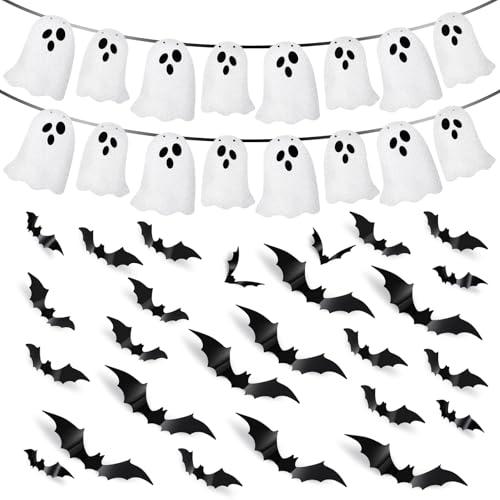 Oruola Halloween Ghost Garland,2 Pack Glittery Ghost Banner & 180 Scary Bats Wall Decals for Halloweens Decoration Haunted Houses Doorways Indoor Outdoor Mantel Wall Decor