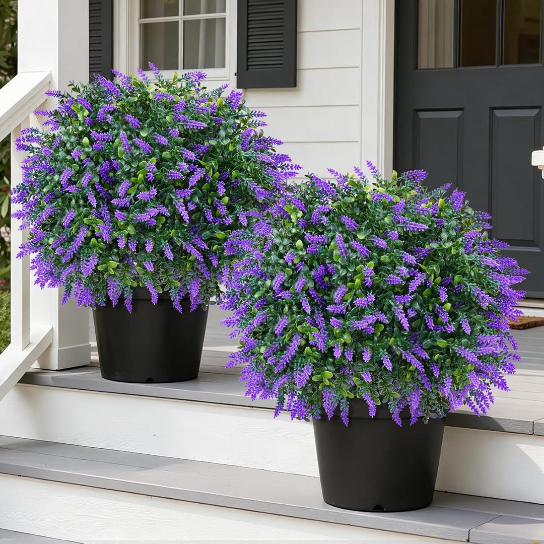 Grooy Artificial Boxwood Topiary Ball with Lavender, Set of 2 Artificial Shrub Bushes with Ground Spike, UV Resistant Fake Evergreen Plant Tree for Porch Outdoor Planters Indoor Valentine's Day