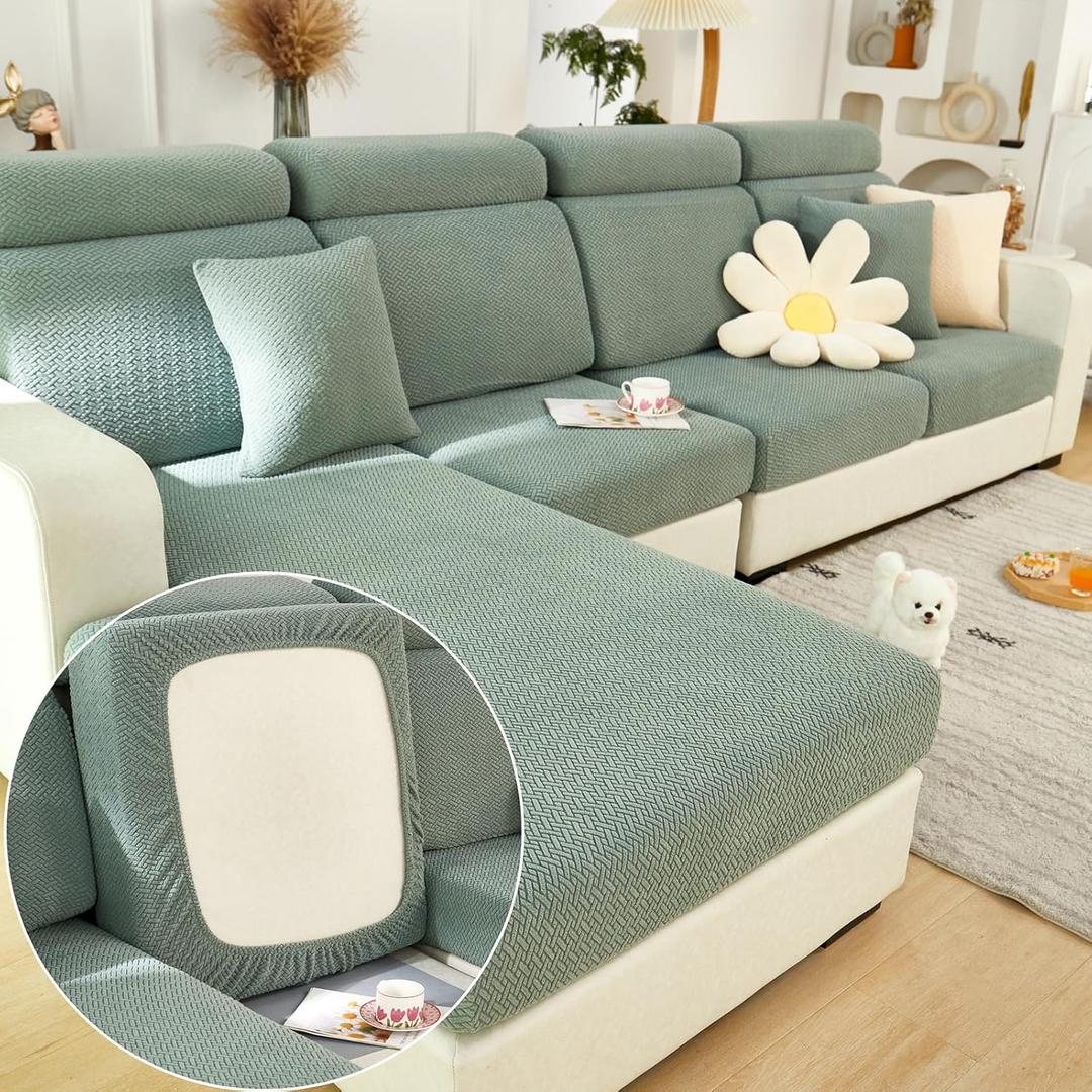 Yoovat Couch Cushion Covers for Sofa Couch Covers Wear-Resistant Universal Sofa Cover Washable Stretch for Sectional Slipcovers (Texture-Green,Chaise Cover)